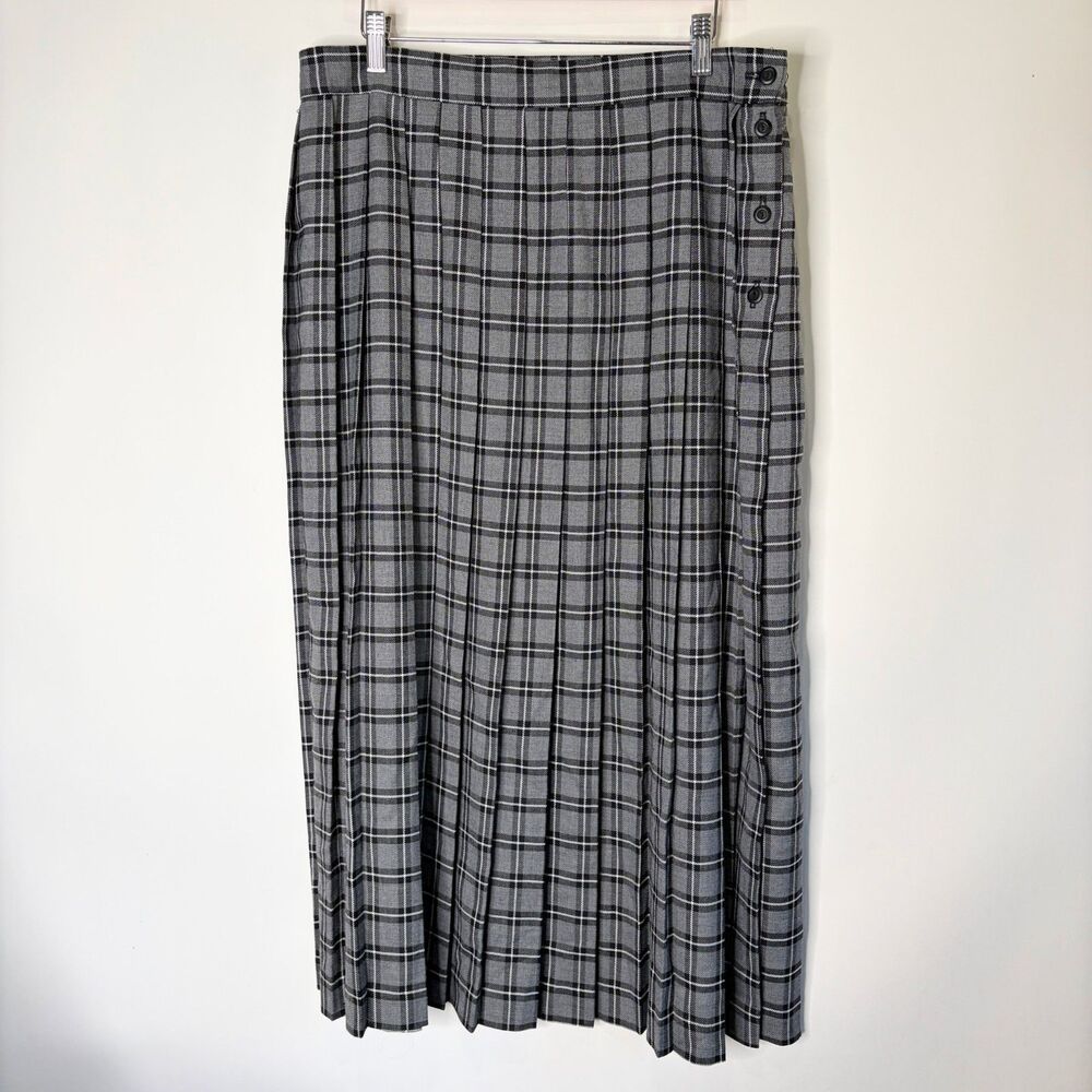 Vintage Plaid Skirt Dark Academia Pleated Accordion Black Gray Women Size 18